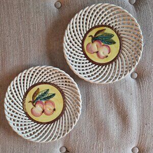 Set of 2 Vintage Ceramic 3D Art Fruit Lattice Painted Wall Plates Spanish